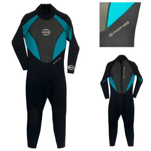 Deep See Woman’s Sz 11/12 Wetsuit Black & Aqua Full Length 3 mm Neoprene Scuba